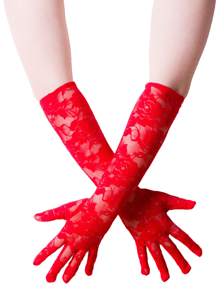 Skin Two UK Red Floral Lace Elbow Length Gloves - One Size Gloves