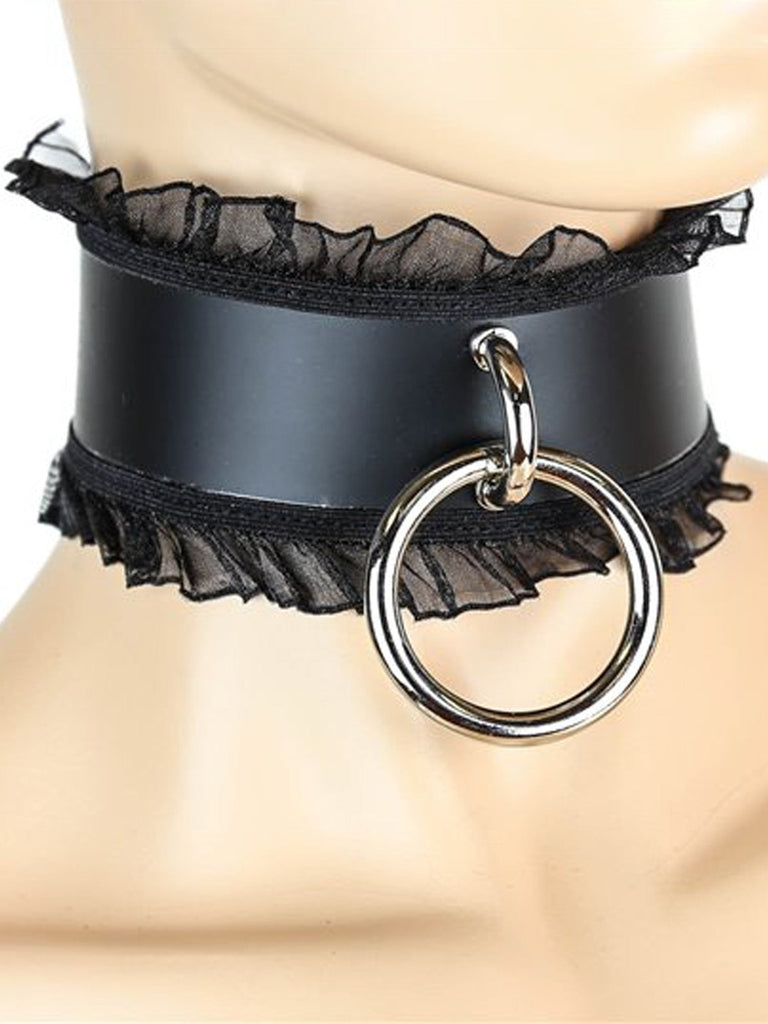 Skin Two UK Wide Leather Collar with Lace Border and O-Ring Collar